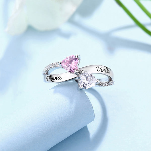 Personalisierter Ring mit zwei Namen und Geburtssteinen – Sterling Silver 925, 6