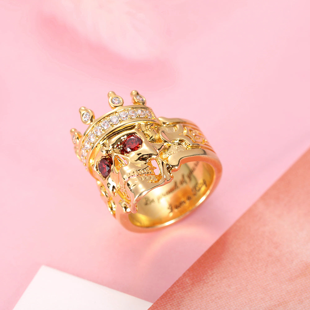 King Skelett Ring mit Gravur – Platinum Plated Cooper, 9 1/2