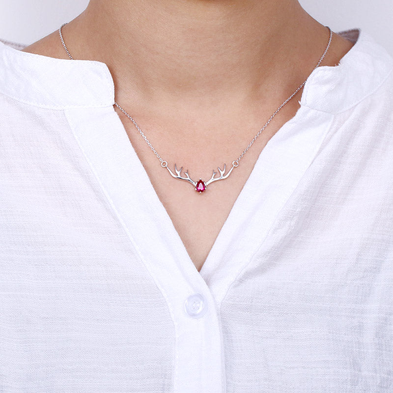 Hirschgeweih Halskette mit Zirkonia - personalisierbar mit Glücksstein – 16inch(14+2inch)