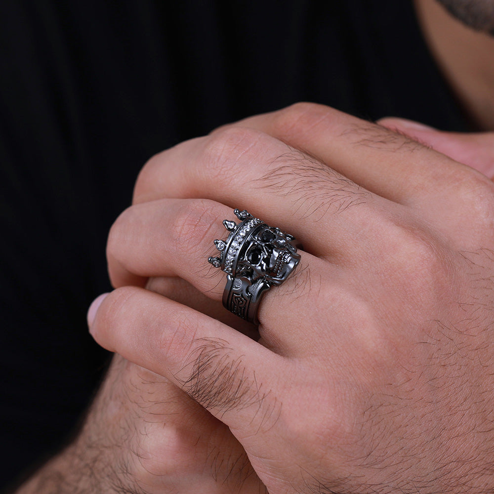King Skelett Ring mit Gravur – Farbe schwarz; silber, Platinum Plated Cooper