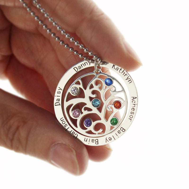 Familienbaum Kette mit Geburtsstein und Namen personalisiert – Sterling Silver 925, 14" (35cm) - Child, 1 inscription