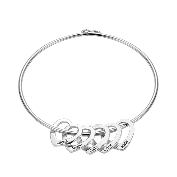Armreif mit Herzanhänger - Namen – Platinum Plated Brass, 5.5"(14cm), 1-heart
